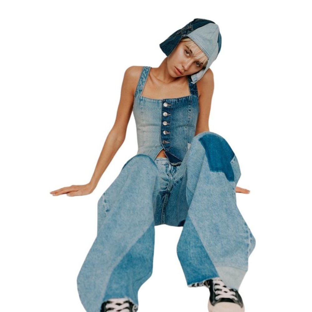 ZARA TRF PATCHWORK DENIM TOP BLUE SIZE XS | 6045/007 - Picture 3 of 11